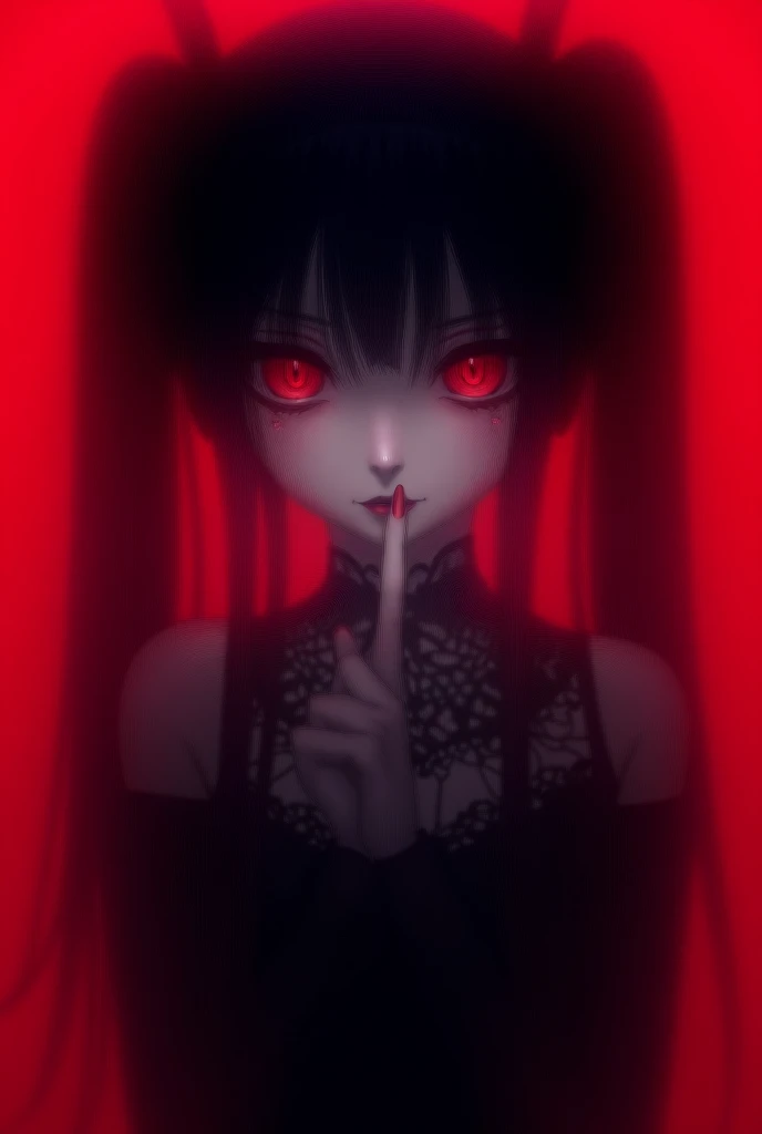 This image features a dark, gothic anime-style character with red eyes and long black hair tied into twin tails. The character has a mysterious and eerie aura, wearing a black outfit with lace and intricate gothic detailing. The lighting is dramatic, with ...