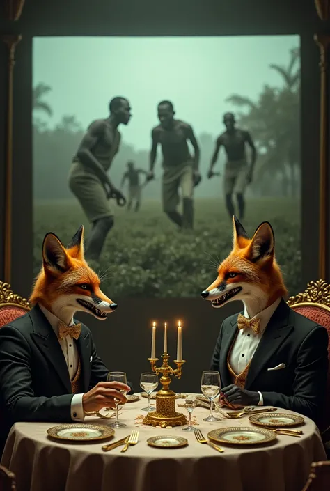  A realistic elegant dinner with foxes dressed elegantly as they smile showing long sharp teeth , behind them a projection that shows African slaves who are dedicated to working in the fields  