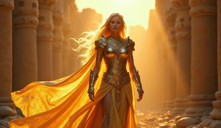 A powerful warrior goddess standing in ancient ruins, wearing an intricately designed golden armor that glows with mystical energy. The armor is adorned with ornate carvings of mythical symbols, reflecting the soft golden light of the setting sun. Her long...