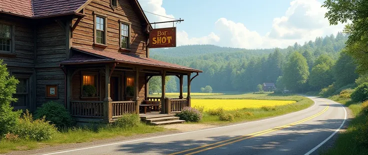 Exterior view of a bar tavern, grassy field, forest in background, concrete highway road in foreground, roadside