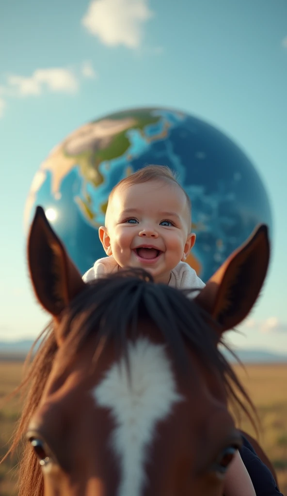  a human baby about 6 months old shows its face from the top of the horse、smile、 real、The background is a large earth 、 the face comes out from the top of the horse 、Clothes are on、 bright 、Photo style、 real、本当に real