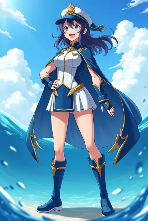  tall and muscular anime girl ,  laughing out loud with shark-style triangular sharp teeth ,  tanned skin, ocean blue eyes ,  blue and white full-body military admiral style suit with blue and white cape, blue and white military gloves and boots ,  Genshin...