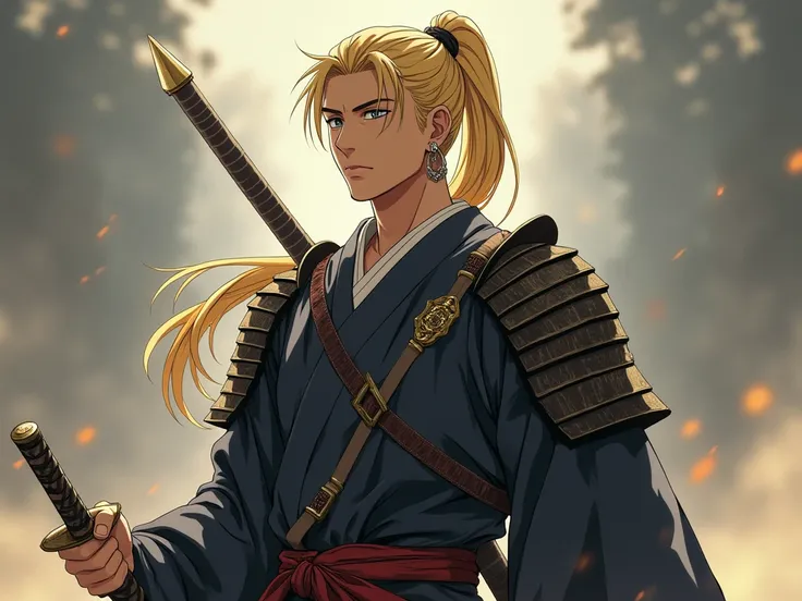 Young blond man, samurai, 1,78 meters,  ponytail earrings,  holding a katana. samurai clothes,  shoulder pad of samurai . Face of those who are on the brink of death. art style: anime