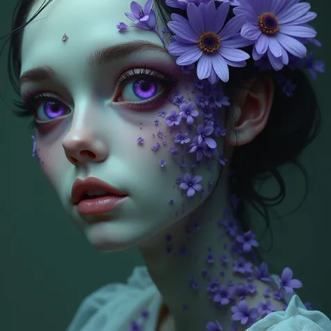 The beautiful green rotting zombie girl had purple eyes.Half of the girls face was covered in delicate, transparent purple flowers.