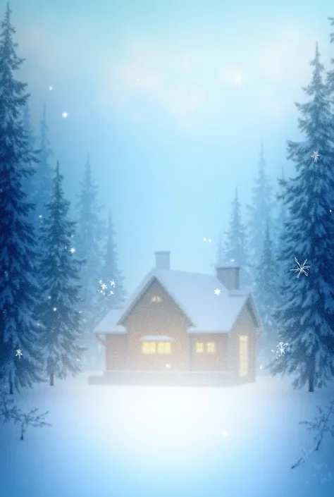 Image of a Christmas house in the mountains ,  that transmits tranquility and in the middle of it written the word "merry christmas"