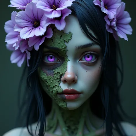 The beautiful green rotting zombie girl had purple eyes.Half of the girls face was covered in delicate, transparent purple flowers. The girls face was covered in green tissue.