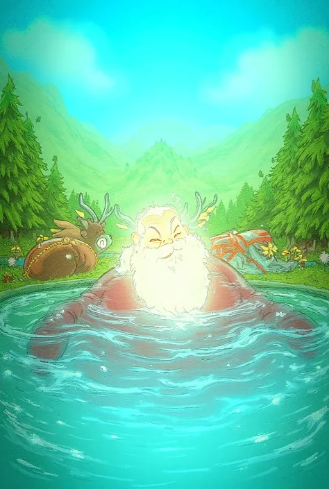 Dazzle a drawing of a Santa Claus,  enjoying a pool after delivering the presents, with the reindeer resting on the grass 