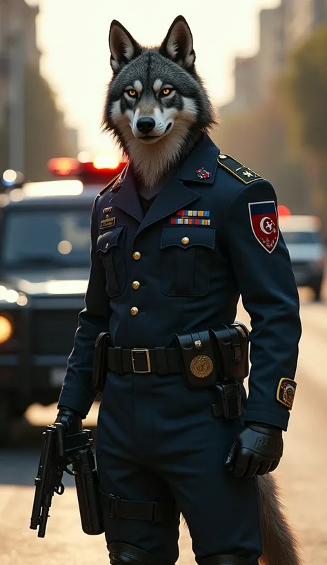 Create a humanoid wolf man as A Turkish Police Soldier standing Straight On The Road , A Turkey Police Vehicle Standing Behind, Wolf Head Soldiers Holding A Desert Eagle Pistol, Wearing Turkey Police Uniform, Highly Detailed Image, Ultra Realistic Image, 