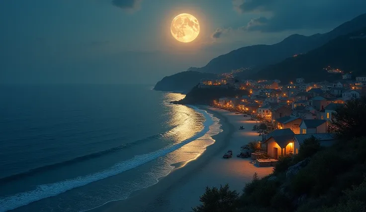 make me a 18K HD hyperreality photography photo showing from above a village on the edge of the beach at night with moonlight, calm sea water without waves