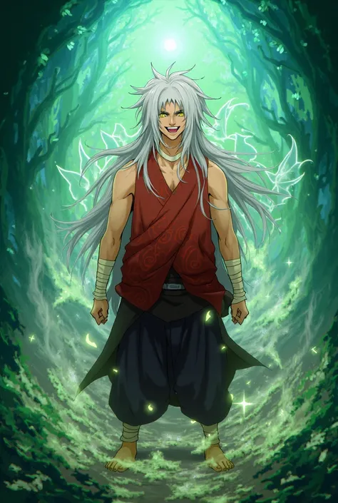 Créer une illustration de Jiraya,  the legendary sage of the Naruto universe .  Show it with his long white hair , disheveled ,  and a playful smile on his face . Il porte une tunique rouge sans manches, bordée de motifs traditionnels, and loose black pant...