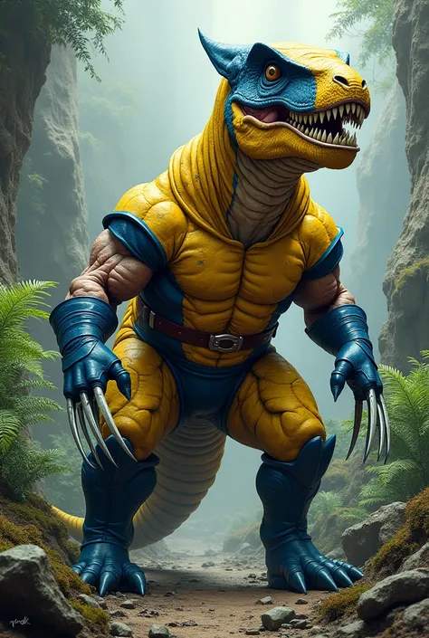 A t-rex characterized as Wolverine with classic yellow and blue costume