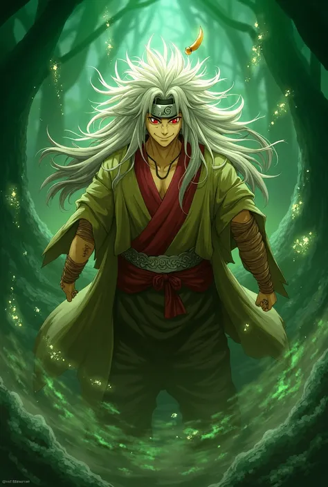 Créer une illustration de Jiraya,  the legendary sage of the Naruto universe .  Show it with his long white hair , disheveled ,  and a playful smile on his face . Il porte un kimono vert kaki et  une tunique rouge sans manches, bordée de motifs traditionne...