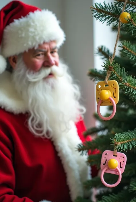 Une photo du vrai père noël qui ce tient à coté de son sapin de noël remplis de tétine de bébé en décoration. On aperçoit une tétine avec un cordon rose clair, elle est jaune rectangulaire avec des trou sur son contour de chaque coté et une petite souris e...