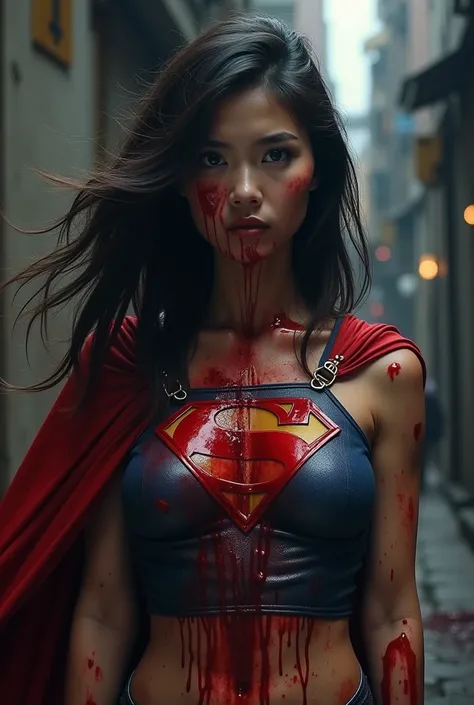  A thug and a supergirl stabbed by a thug with a Western sword ,  A sword stuck in her chest  ,  Expression of deep pain   ,  dramatic, dramatic tragedy  ,    blood is spewing out of the wound    , Stabbed in the chest   and died , Stabbed in the chest   ,...