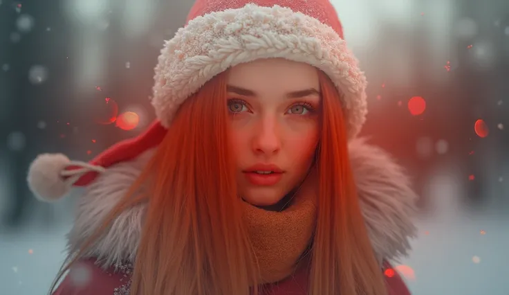 
Christmas Winterland
Beautiful white woman, straight red hair, wearing a santa hat, facing us
Poland flag blowing
