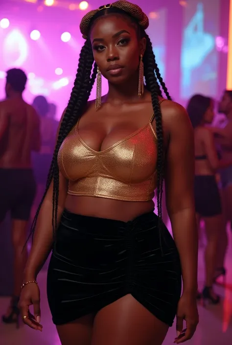 A curvaceous Black woman wearing a cropped tank top in metallic gold, paired with a ruched mini skirt in black velvet. She completes the look with strappy high heels and chandelier earrings. Her hair is styled in a braided crown with golden threads woven t...