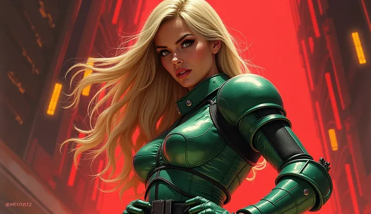 Best Quality, detailed acrylic illustration art, Beautiful space Woman, Angry expression face, blonde straight long hair, looking in side view at Viewer, metallic unfolded green purple chrome metal armor, chrome metal gloves, adjusting a military belt with...