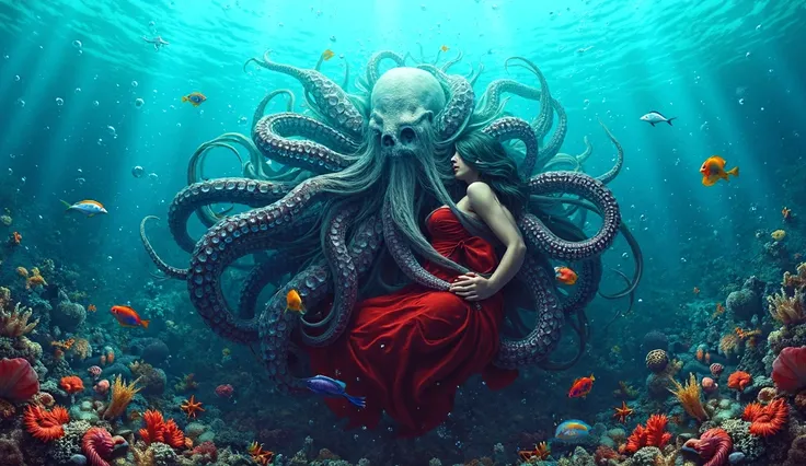 octopus have 8 tentacles but the body and head is an old man with beard and muscular body. The tentacles are coiled around a beautiful young woman with long black hair, wearing sexy red dress. They are underwater, surrounded by vibrant marine life, includi...