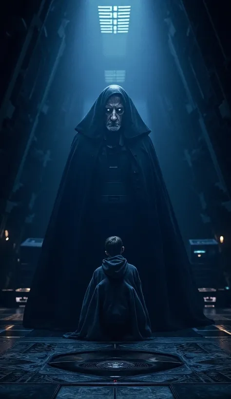 Generate an image of Luke Skywalker kneeling before Palpatine in the Death Star