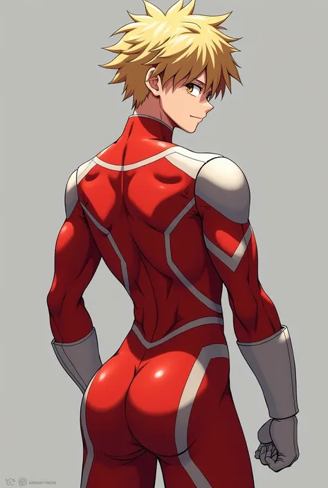   My Hero Academia Style  , Anime Boy, male, young male, artstation pixivでトレンド入り, (  full body shot :0.5),  short hair,  blonde hair ,  brown eyes,  hero suit,  full body suit,  red suit with white details,   Perfect Anatomy,  super detailed , slender body...