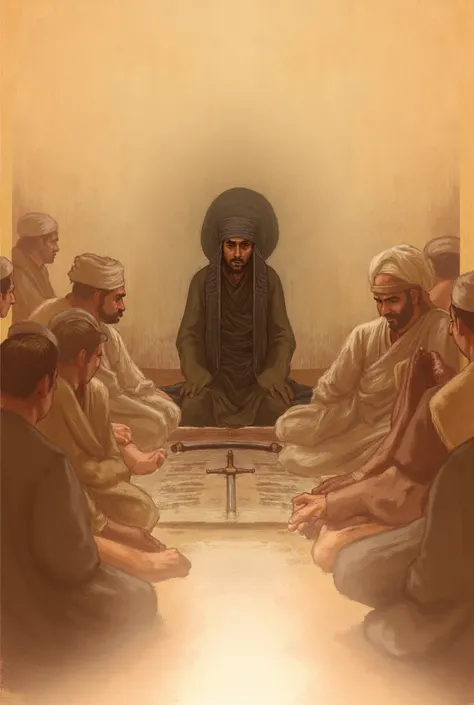 An Arab man wearing a big black turban sits on the ground and leans against the wall. Ten men sit on the ground with him while talking to them and the Imams sword is on the ground in front of him