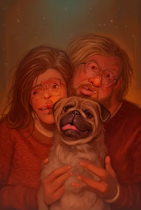 25-year-old girl with shoulder-length hair with glasses celebrating Christmas with her little dog a pug puppy sticking out his tongue with her husband a 27-year-old boy with a beard excited Chibi style