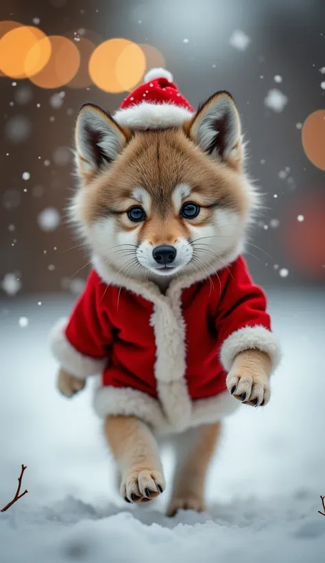 "A cute baby wolf, fluffy and soft, standing upright on two legs, wearing a festive Santa outfit with a red jacket, white fur trim, and a matching Santa hat. The wolf walks straight ahead with a steady, determined stride, its small paws moving gracefully a...