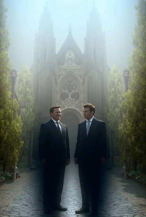 Elon Musk and Emmanuel Macron in front of Soulac-sur-Mer Cathedral