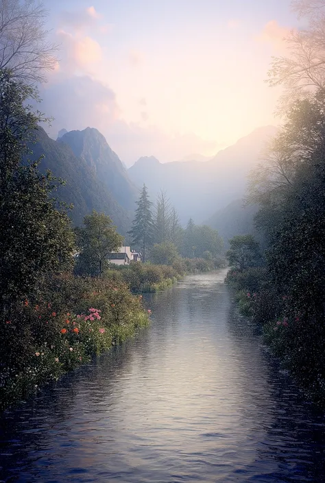 a small village by the river, mountains in the background, floral flowers colorful, detailed landscape, Beautiful natural landscapes, atmospheric lighting, scorching sunset, warm colours, practical, photopractical, Detailed Foliage, complex buildings, cobb...