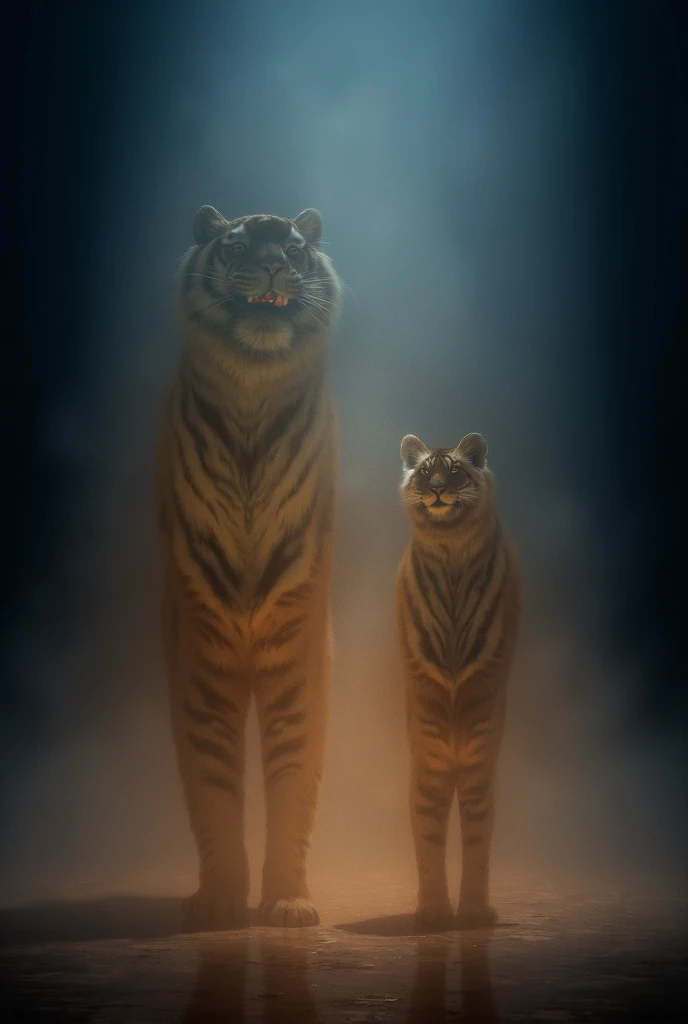 The Return to Human Form
(The music shifts to a dramatic crescendo.)

Smoke covers the stage again. The tiger and cub begin to glow.

Slowly, they both transform back into their original human forms.

They stand in the same positions as before, smiling at ...