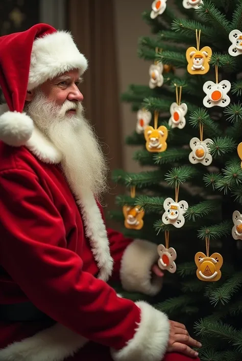 Une photo réel du vrai père noël qui ce tient assis à coté de son sapin de noël remplis de tétine de bébé en guise de décoration. On aperçoit une tétine avec un cordon rose clair, elle est jaune rectangulaire avec des trous sur son contour de chaque coté e...