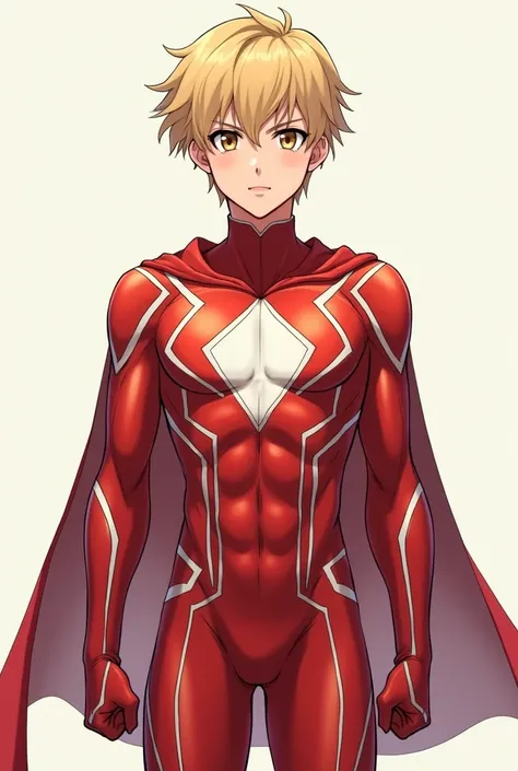   My Hero Academia Style  , Anime Boy, male, young male, artstation pixivでトレンド入り, (  full body shot :0.5),  short hair,  blonde hair ,  brown eyes,  hero suit,  full body suit,  red suit with white details,   Perfect Anatomy,  super detailed , slender body...