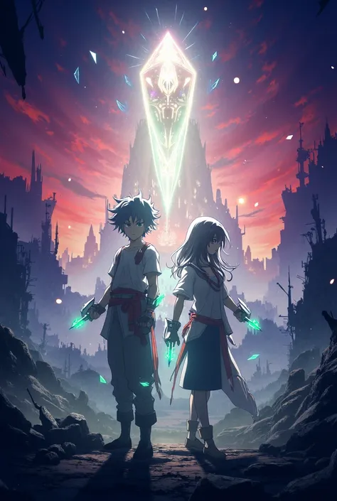 "An anime-style post-apocalyptic scene with a crimson and dark blue sky, showcasing the ruins of futuristic cities and shattered structures. In the foreground, two protagonists stand back-to-back: a young man with short spiky hair, surrounded by glowing me...