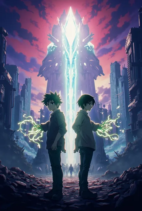 "An anime-style post-apocalyptic scene with a crimson and dark blue sky, showcasing the ruins of futuristic cities and shattered structures. In the foreground, two protagonists stand back-to-back: a young man with short spiky hair, surrounded by glowing me...