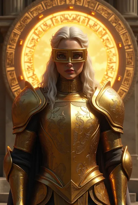  Create a Knight of the Zodiac wearing the golden armor of Virgo Shaka,  square lenses , In the background the Virgo icon , Realistic sub. 