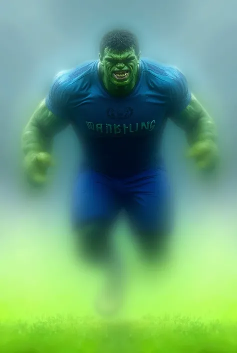 Create realistic image of Hulk wearing Chelsea FC jersey running pose 