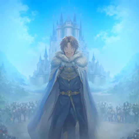 An anime-style scene in the fantasy genre with RPG elements. The main character (MC) is a young guy with brown hair and a bright smile, standing in front of a majestic castle with blue towers. He wears a long fur-trimmed cloak decorated with golden clasps,...