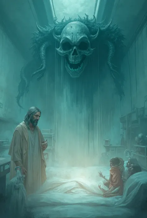  Take a picture of Jesus at the hospital going to bless a ,  in bed there is a sad  , He is crying ,  his face of sadness , Jesus is standing, while a demon in the shape of a skull comes to the boy
