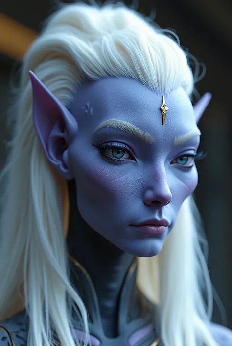 Closed up photography,andorian one of the alien in star trek race, humanoid with pale purple skin had fleshy protruding structures above their eyes instead of eyebrows, white long perfect hair, with muscle antenanae in the top of the head, mechanized body