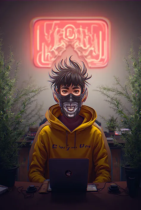 Create a image of "A 18 years Anime boy, sitting in front of a computer desk with a microphone and laptop, YELLOW and BLACK hoodie with the Channel Name on it "Twelve Grow". The background includes a large YouTube logo on the wall, potted plants on either ...