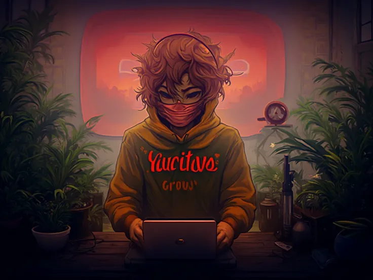 Create a image of "A 18 years Anime boy, sitting in front of a computer desk with a microphone and laptop, YELLOW and BLACK hoodie with the Channel Name on it "Twelve Grow". The background includes a large YouTube logo on the wall, potted plants on either ...