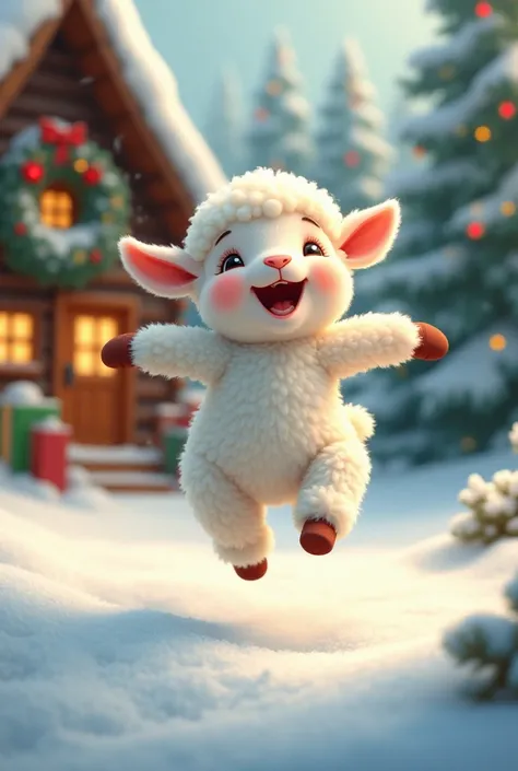 Give me a Christmas image that says  " Merry Christmas "  but that has a lamb jumping for joy