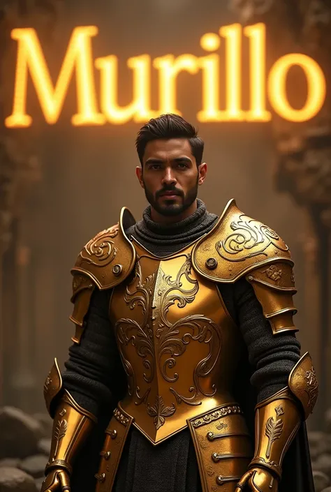 Knight of the Zodiac: man in gold armor of the Virgo sign, without helmet, In the background the word MURILLO in gold, ultra real.