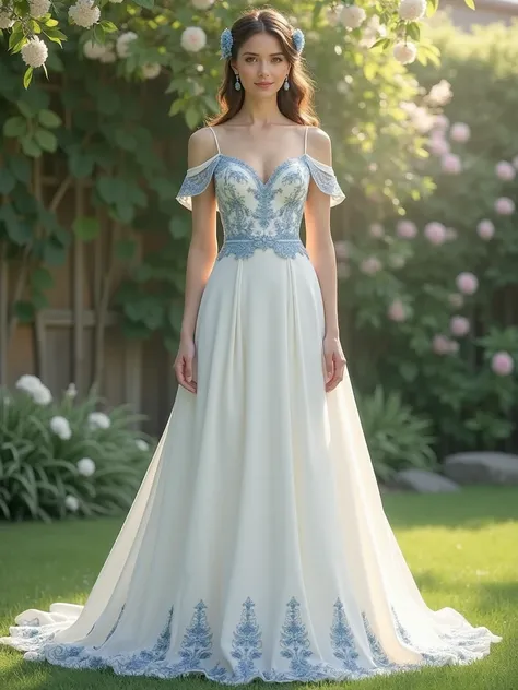 Bridesmaid dress .  The dress must be white with blue details 