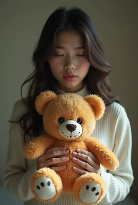 there is a woman that is holding a teddy bear in her hands, a picture inspired by Kim Du-ryang, tumblr, tachisme, nivanh chanthara, around 1 , 2 , very very low quality picture, 18 years old, 2 , 2 , 2 