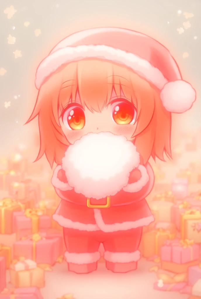 Adorable chibi-style anime character dressed as Santa Claus, featuring warm brown hair with orange highlights, vibrant orange eyes, and wearing a red Santa hat and suit with white trim. The character holds a Santa beard playfully while surrounded by colorf...