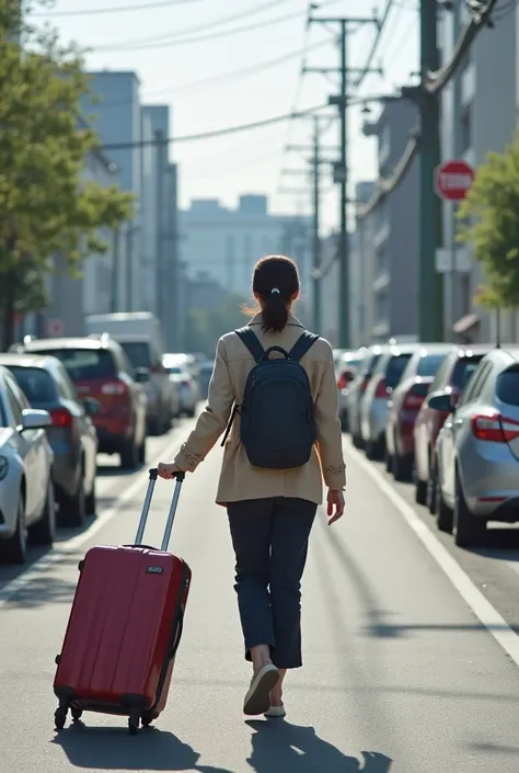 there is a woman walking down the street with a suitcase, vacation photo, Chiho, 🤬 🤮 💕 🎀, 😭 🤮 💕 🎀, Yoshitomo Nara, in front of the house, set in tokyo bank parking lot, in Tokyo, 3 0 years old woman, 30 years old woman, with many travelers