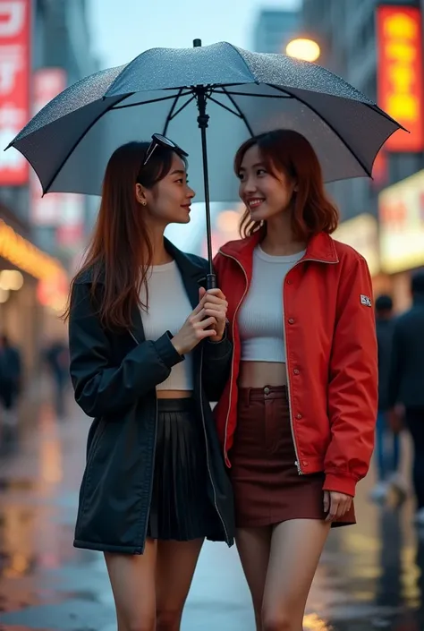  Photo of 2 beautiful Asian women   ,   Scene on a street in Korea  , Is it raining on the street ,   2 women are embracing ,  is holding the umbrella  , 2 women are walking ,   Moon appearing orange   , to smile,    white hair ,    dark red hair ,    brow...