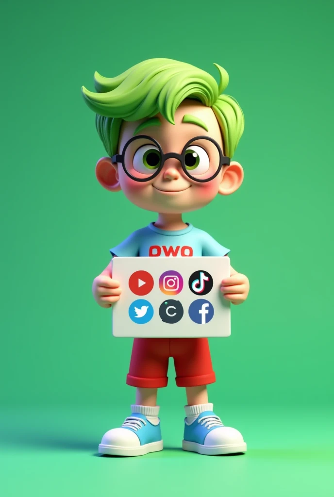 Owo, an  cute and nerdy boy in 3D pixar animation style, designed with a soft pastel color palette. He is standing confidently, holding a rectangular sign displaying the logos of YouTube, TikTok, Snack Video, Instagram, and Facebook. Owo has big round glas...