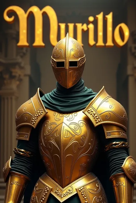 Knight of the Zodiac: man in gold armor of the Virgo sign, without helmet, square magnifying lenses, In the background the word MURILLO in gold, ultra real.